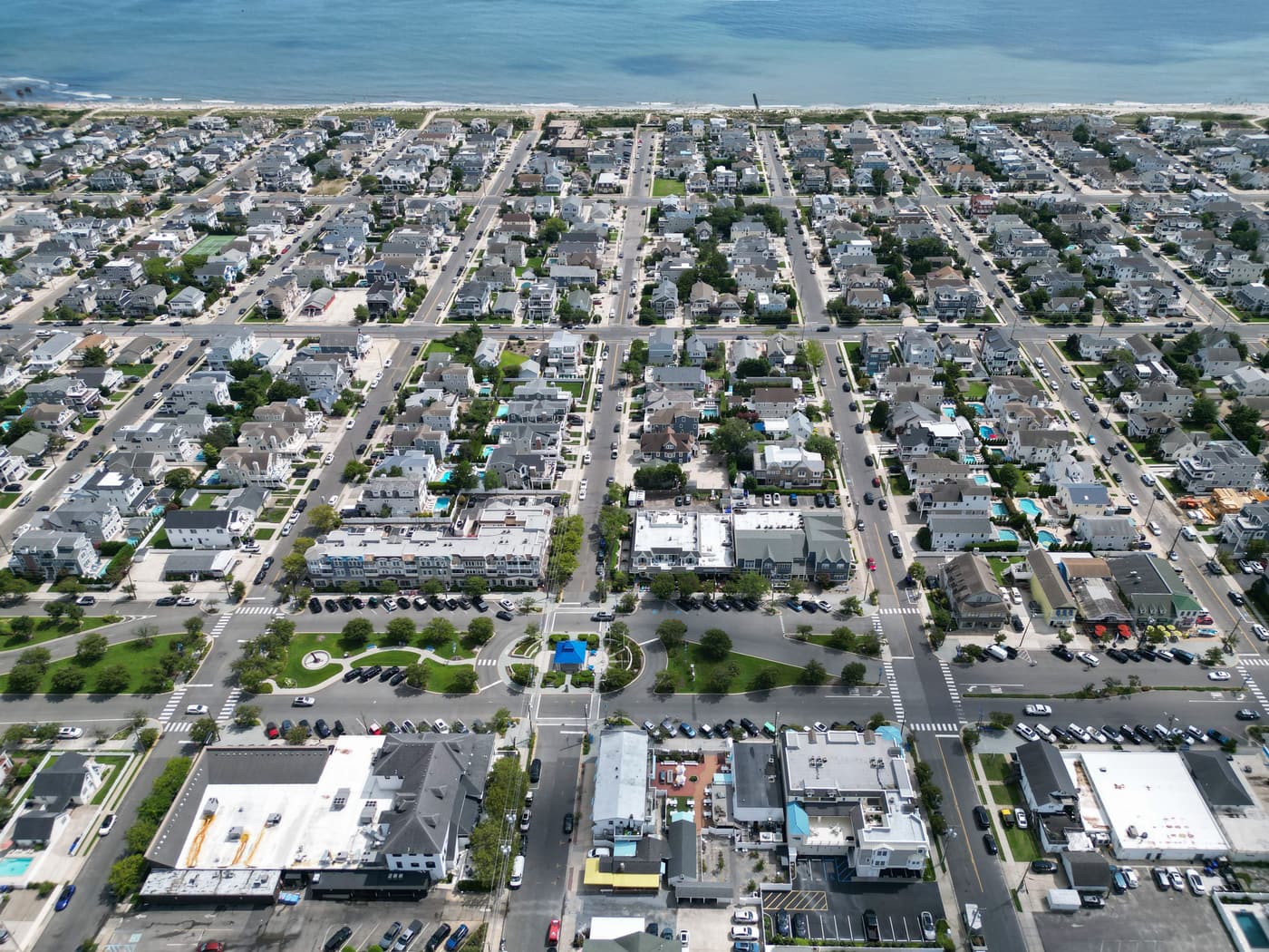Aerial view of Avalon, New Jersey, showing the surrounding streets and bay.