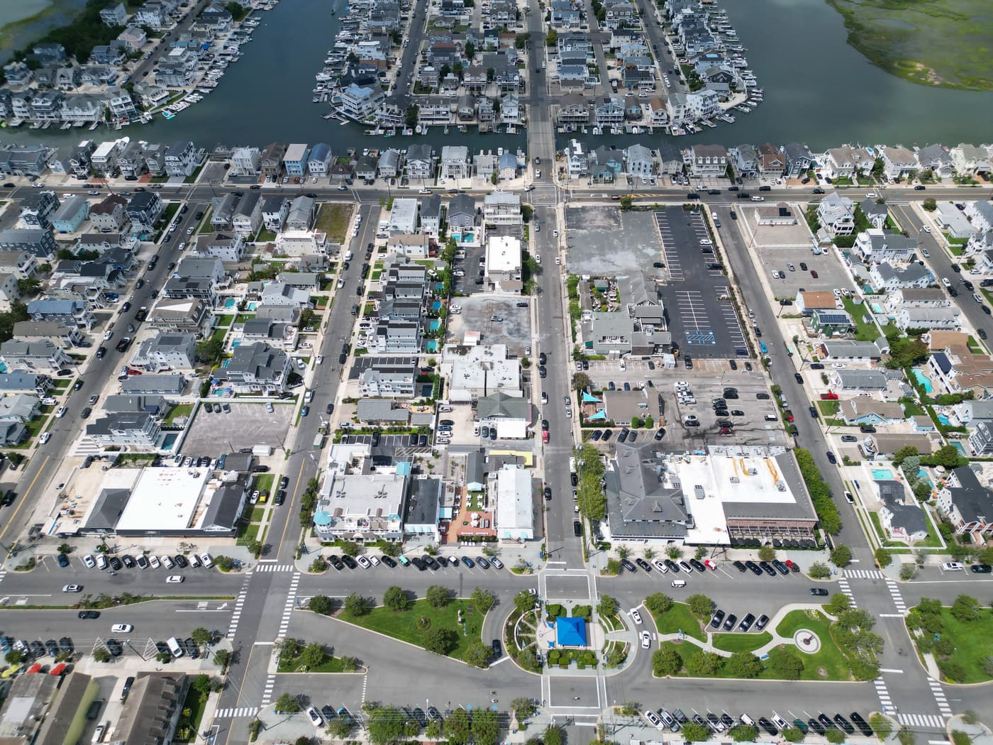 Aerial view of Avalon, New Jersey, showing the surrounding streets and bay.