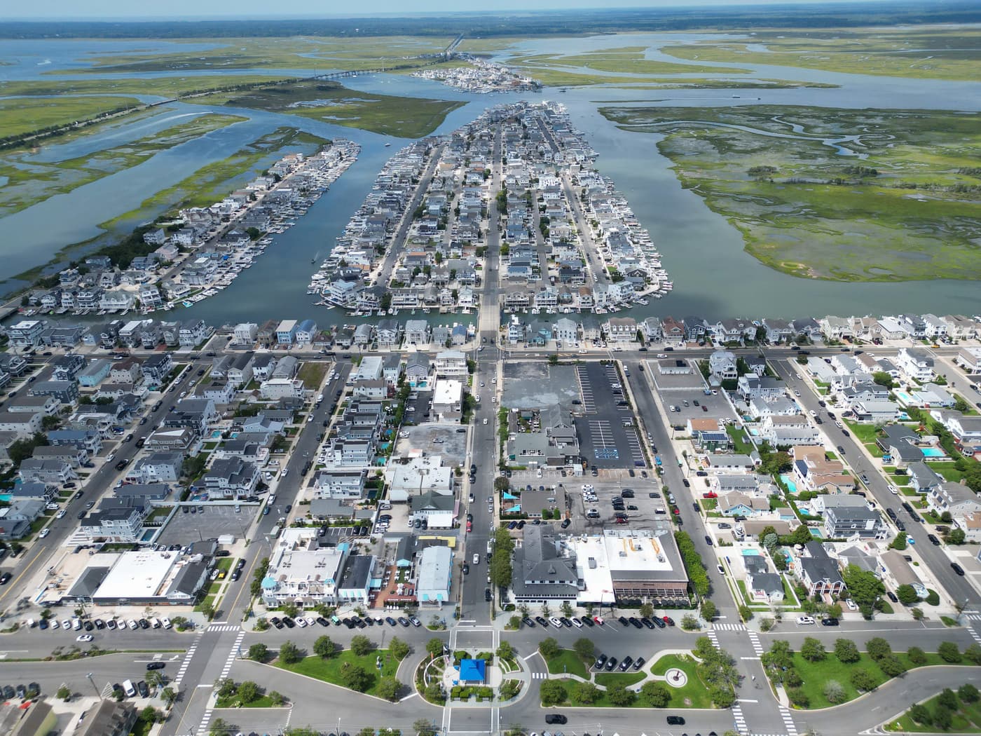 Aerial view of Avalon, New Jersey, showing the surrounding streets and bay.