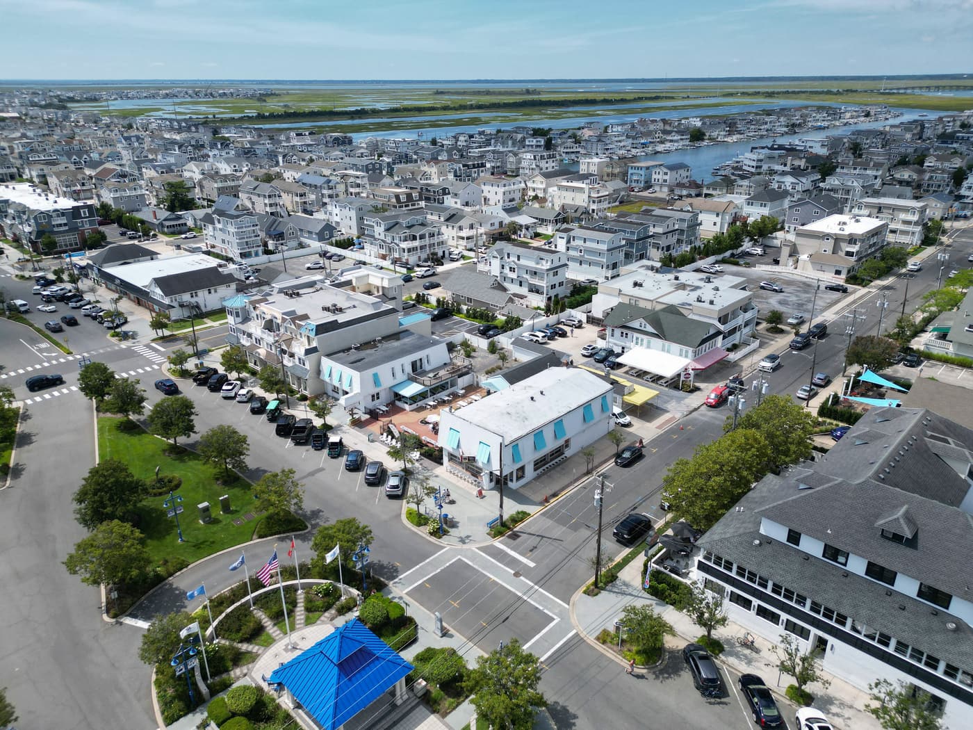 Aerial view of Avalon, New Jersey, showing the surrounding streets and bay.